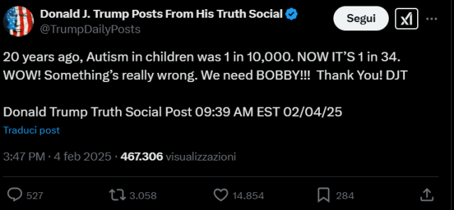 Autismo e "correlazione con i vaccini ai bambini", Trump: "20 anni fa 1 caso su 10mila,&nbsp;oggi&nbsp;1&nbsp;su&nbsp;34"