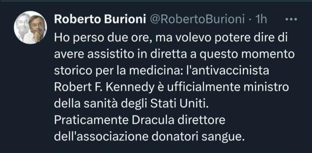 Burioni rosica dopo la nomina di Kennedy Jr alla Salute: "Come Dracula direttore dell'associazione donatori sangue"