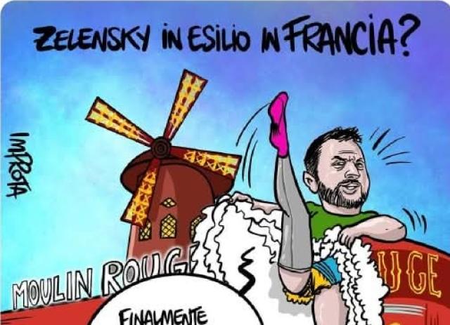 E ora il guitto Zelensky fugge in esilio in Francia? La tragicomica fine del "dittattore"