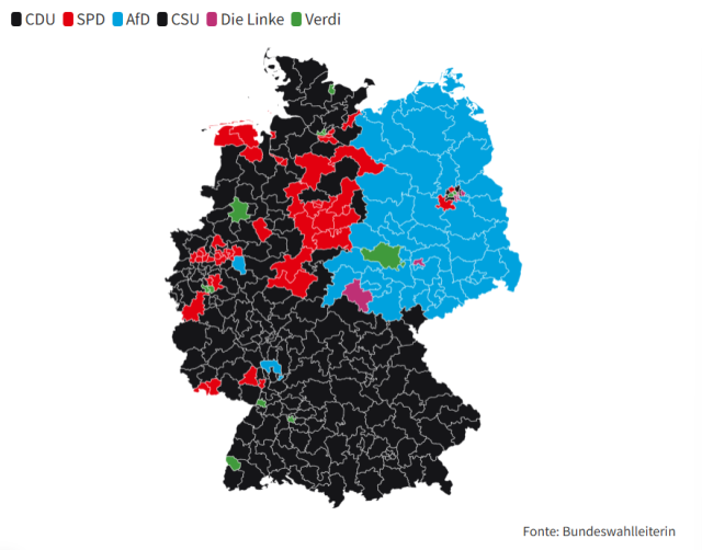 Elezioni Germania 2025, il paese torna al 1989, l'Est all'AfD con Berlino divisa in due, l'ovest alla Cdu, la Baviera alla Csu, la&nbsp;mappa&nbsp;del&nbsp;voto