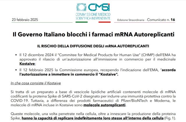 Vaccino Covid autoreplicante &ldquo;Kostaive", allarme del CMSI: "Diffonde mRNA  e Spike in tutti i tessuti passando da specie a specie senza barriere, enorme rischio biologico"