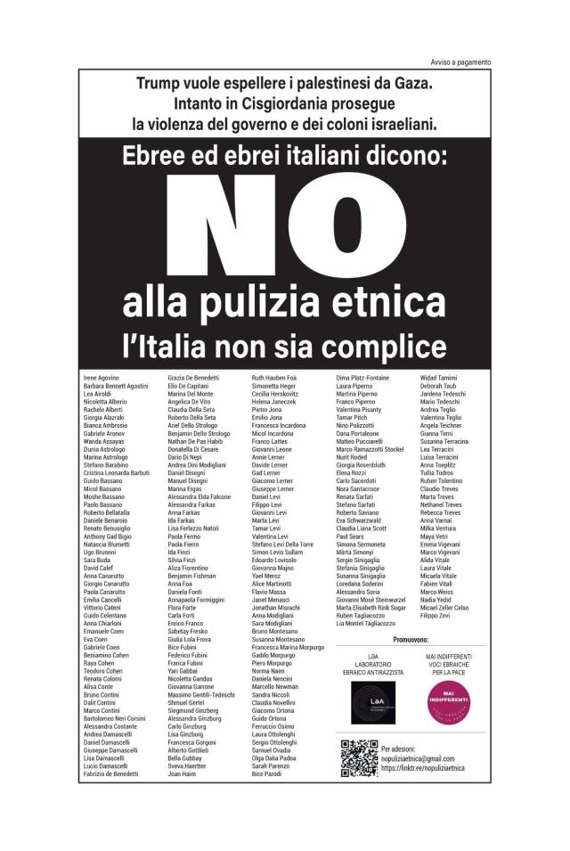 &ldquo;No alla pulizia etnica dei palestinesi a Gaza e alle violenze di Israele&rdquo;, l&rsquo;appello di 200 ebrei italiani contro il piano di deportazione di Trump e Netanyahu