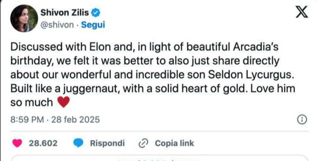 Elon Musk padre per la 14esima volta, &egrave; nato Seldon Lycurgus, il  4 figlio avuto da Shivon Zilis, dirigente di Neuralink