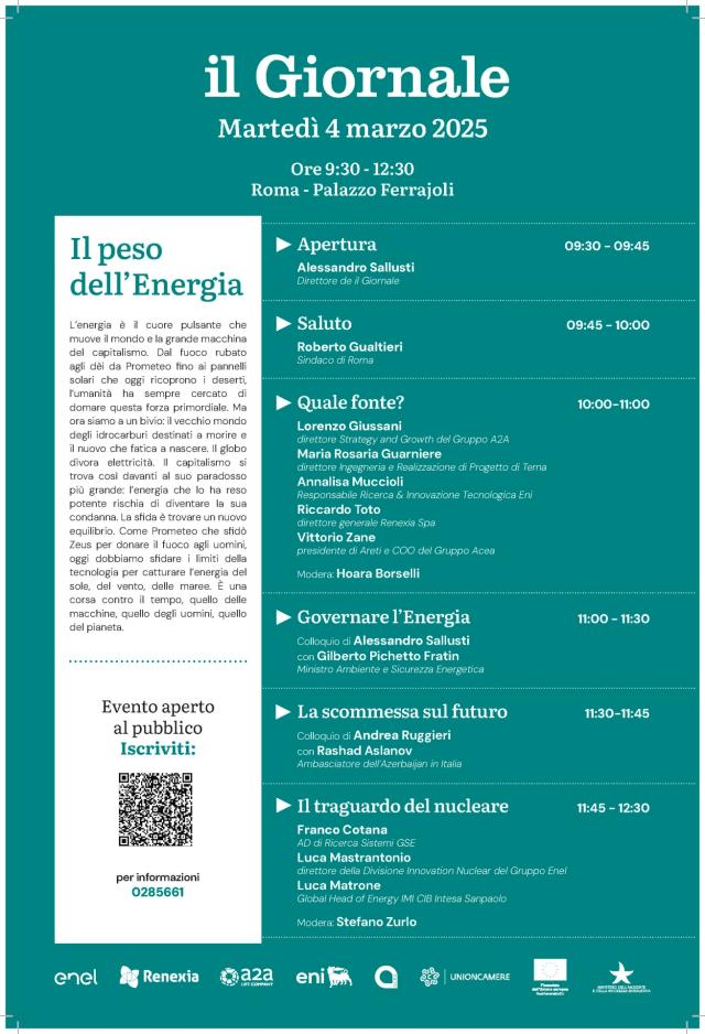 A Roma il 4 marzo evento de Il Giornale &ldquo;Il peso dell&rsquo;Energia&rdquo;