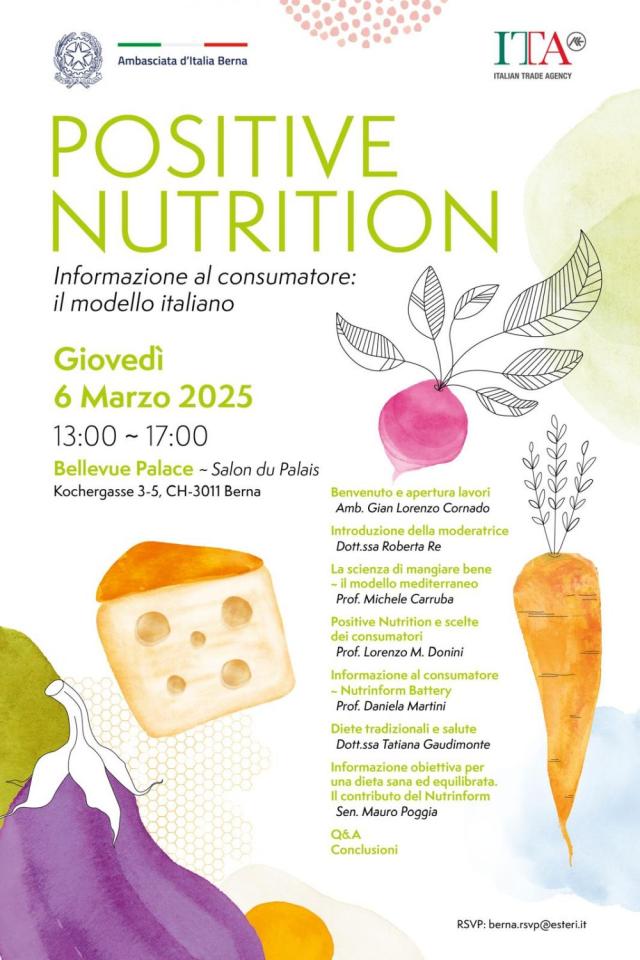 &ldquo;Positive Nutrition&rdquo;: conferenza stampa dell&rsquo;Ambasciata d&rsquo;Italia in Svizzera per promuovere salute e alimentazione consapevole