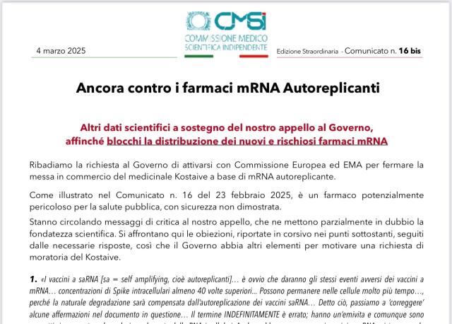CMSI: "Il governo italiano fermi la messa in commercio del vaccino Covid mRNA autoreplicante Kostaive, effetti avversi letali per la salute" 