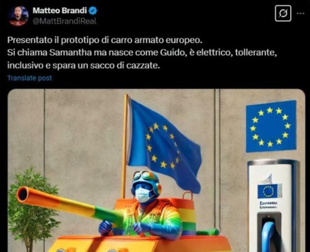 Carro armato europeo "lgbt e gender fluid, si chiama Samantha ma nasce Guido, elettrico, inclusivo e spara caz*ate"