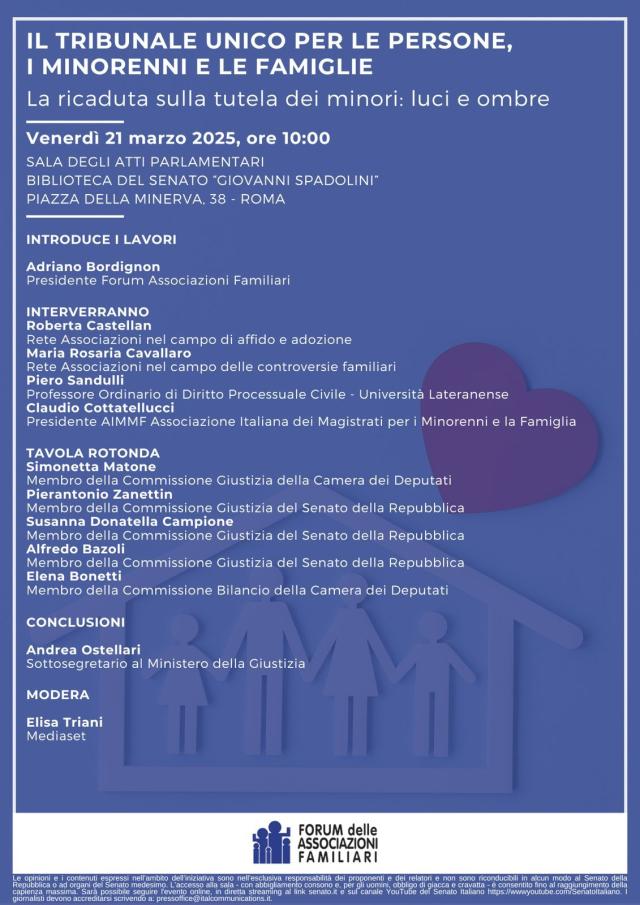Al Senato l&rsquo;evento &ldquo;Il tribunale unico per le persone, i minorenni e le famiglie. La ricaduta sulla tutela dei minori: luci e ombre&rdquo;