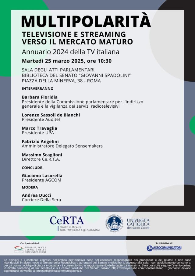 &ldquo;Multipolarit&agrave;. Televisione e streaming verso il mercato maturo&rdquo; Annuario 2024 della TV italiana