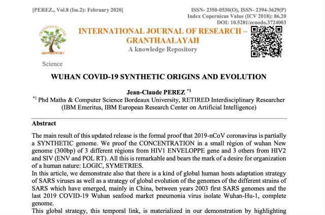 Covid, PhD Jean-Claude Perez gi&agrave; a febbraio 2020: "Virus sintetico creato in laboratorio a Wuhan,  nel genoma trovati frammenti HIV e SIV"