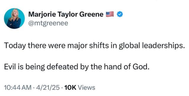 La deputata repubblicana Marjorie Taylor Greene sulla morte di Papa Francesco: "Il male &egrave; stato sconfitto per mano di Dio"