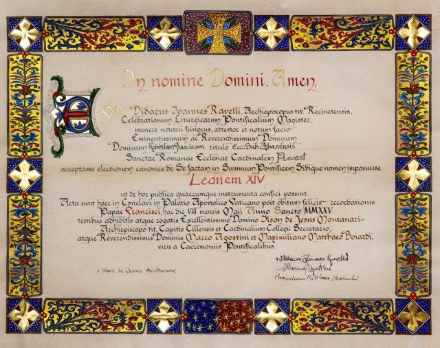 Papa Leone XIV, il verbale dell'accettazione dell'elezione a Romano Pontefice e il nome assunto, redatto da monsignor&nbsp;Diego&nbsp;Ravelli