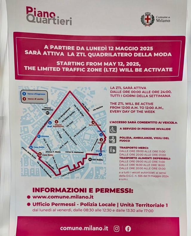 Milano, entrata in vigore nuova ZTL nel Quadrilatero della Moda, attiva 24 ore su 24, divieto totale di circolazione per i non autorizzati