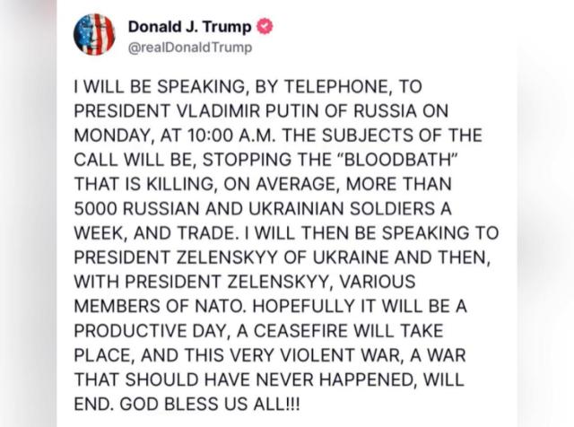 Ucraina, Trump: &ldquo;Luned&igrave; chiamer&ograve; Putin e poi Zelensky per fermare il &lsquo;bagno di sangue&rsquo;, spero finisca questa guerra molto violenta&rdquo;