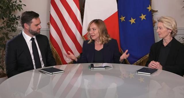 Incontro Meloni-Vance-Von der Leyen a Palazzo Chigi, la premier "costruttrice di ponti": "Spero oggi sia nuovo inizio per dialogo Usa-Ue"