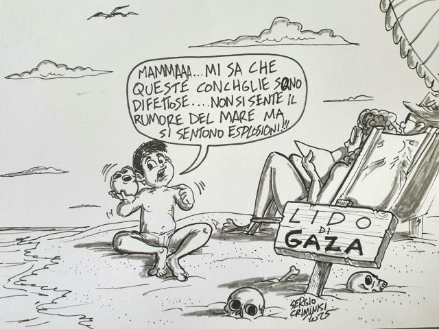 "Lido di Gaza", la vignetta di Criminisi: "Mamma, queste conchiglie sono difettose, non si sente il rumore del mare ma le esplosioni"