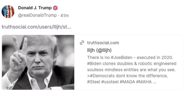 Trump: "Joe Biden morto nel 2020 e sostituito da un robot clone ingegnerizzato e senza anima, i dem non notano la differenza"