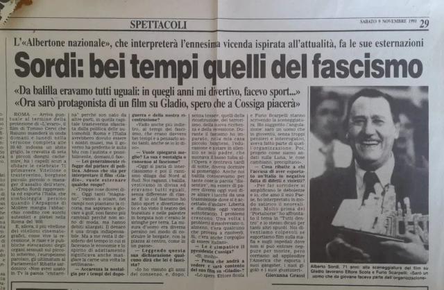 L&rsquo;intervista di Alberto Sordi nel 1991 prima del film su Gladio: &ldquo;Bei tempi quelli del fascismo, tutti uguali, non si discuteva e mi divertivo&rdquo;