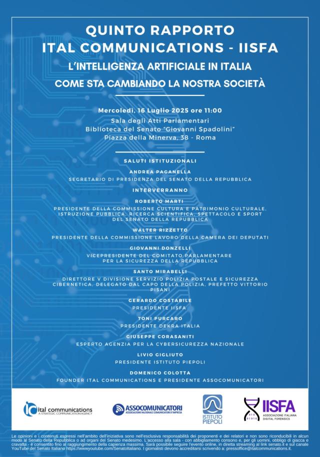 Presentazione al Senato del Quinto Rapporto Ital Communications-IISFA &ldquo;L'Intelligenza Artificiale in Italia. Come sta cambiando la nostra societ&agrave;&rdquo;