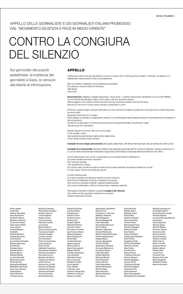 Gaza, l&rsquo;appello di 200 giornalisti a Repubblica contro il genocidio nella Striscia, concesso dietro pagamento di 2mila &euro;