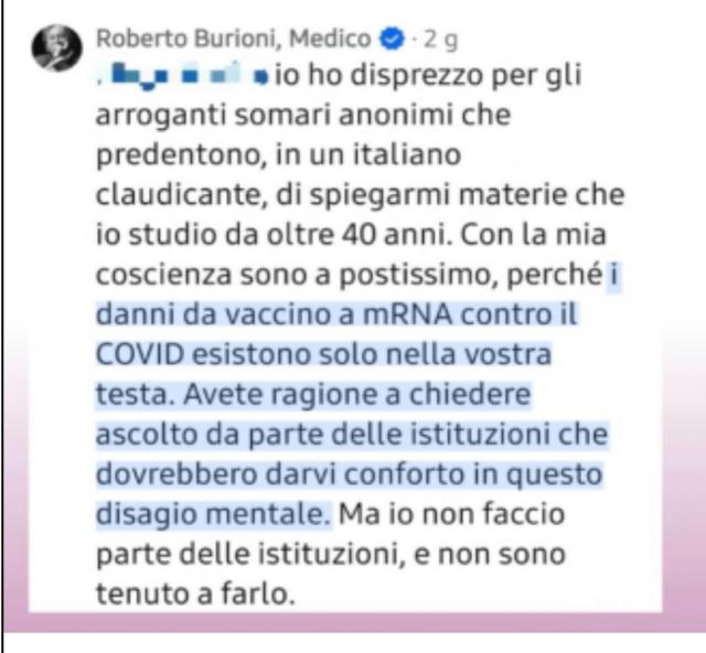 La virostar negazionista Burioni insulta i danneggiati da vaccino Covid: "Reazioni avverse non esistono, somari e malati mentali"