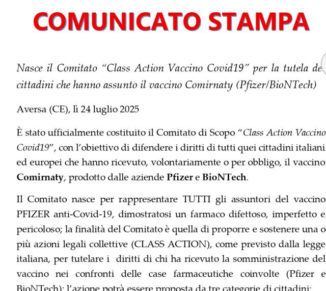 Italia, istituito comitato "class action vaccino Covid" per tutelare chi ha ricevuto e subito danni dal siero di Pfizer, primo Paese al mondo