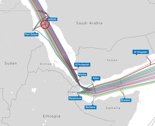 Cartina dei cavi sottomarini nel Mar Rosso
