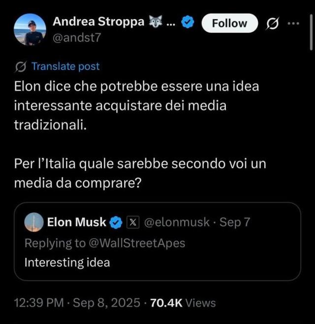 Elon Musk vuole acquisire un media mainstream; Andrea Stroppa rilancia il tema proponendo l'individuazione di target in Italia