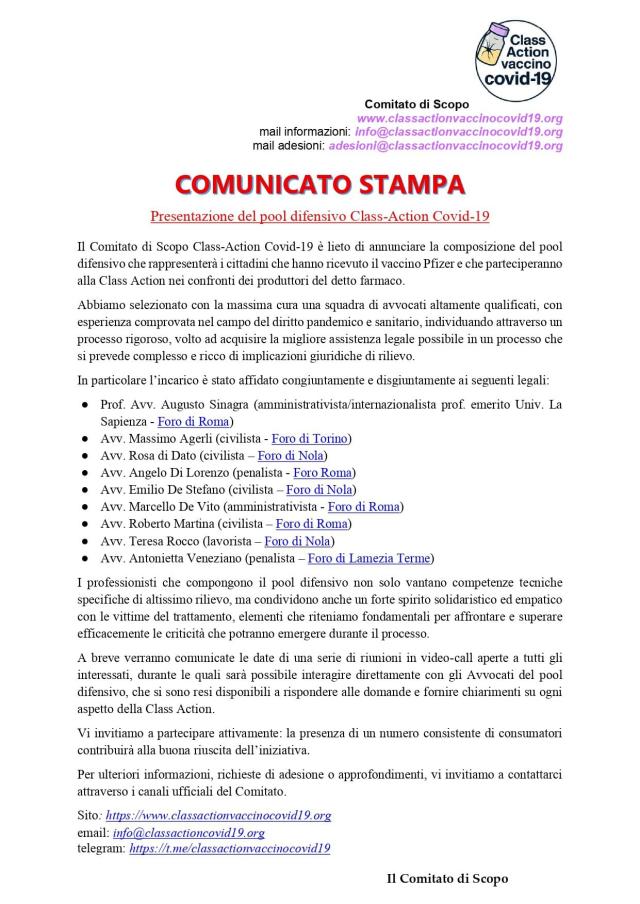 Vaccino Covid, nominato pool difensivo della "class action Covid-19" a tutela di chi ha subito danni da siero Pfizer: presente anche avv Sinagra
