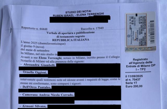 Il testamento originale di Giorgio Armani, dalla propriet&agrave; della societ&agrave; ai diritti di voto nella Fondazione, dagli immobili al 15% da vendere a Lvmh, Essilux o l'Oreal - PDF