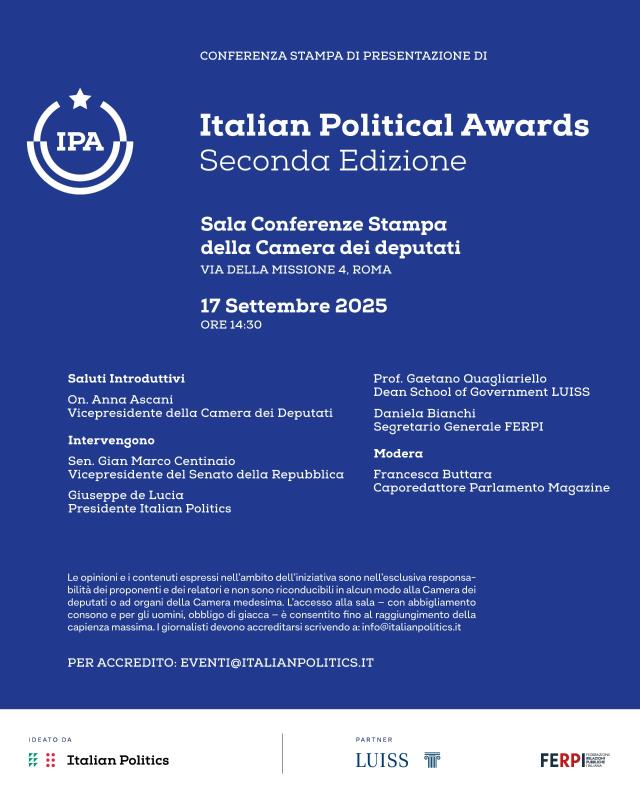 Mercoled&igrave; 17 settembre, conferenza stampa di presentazione della seconda edizione di Italian Political Awards