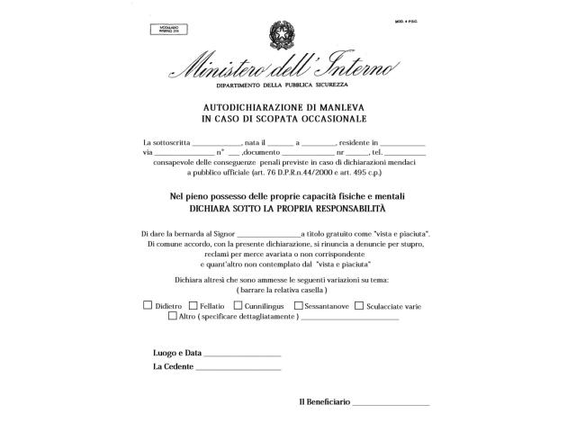 Consenso scritto della donna prima dei rapporti sessuali, documento MEME: "Dichiaro di dare la bernarda a titolo gratuito, rinuncio a denunce per stupro"