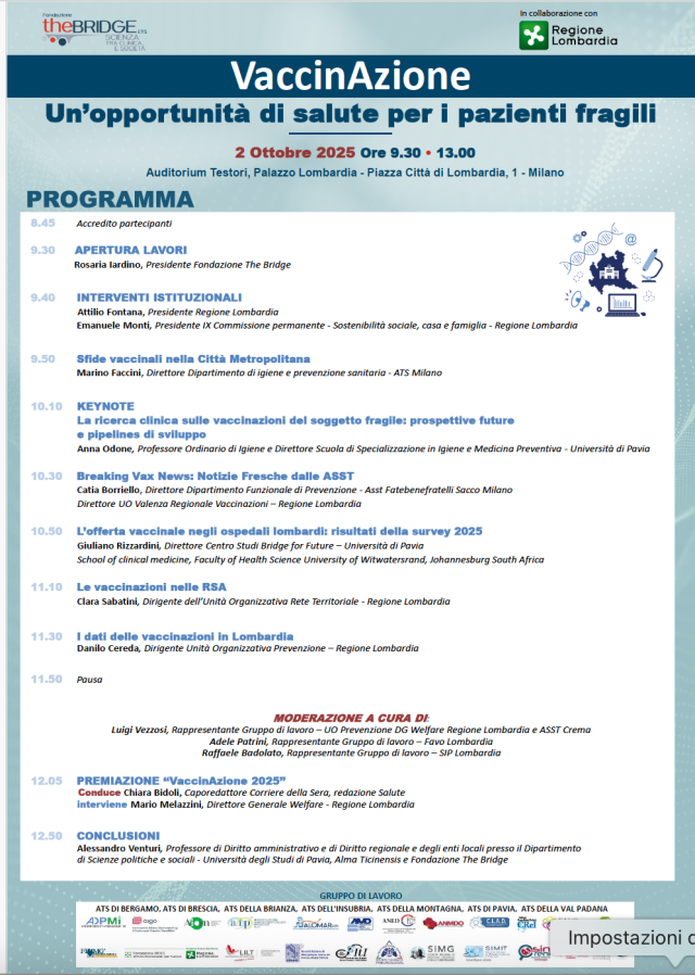 Sanit&agrave;, &ldquo;VaccinAzione", incontro con Fondazione The Bridge e Regione Lombardia