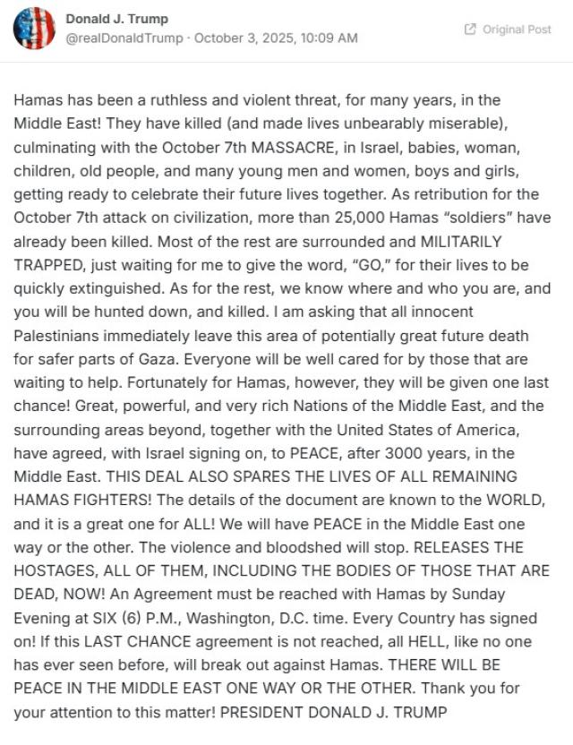 Gaza, Trump scalpita e d&agrave; nuovo ultimatum ad Hamas: "Accettate piano entro domenica 5 ottobre ore 18 altrimenti si scatener&agrave; l'Inferno"