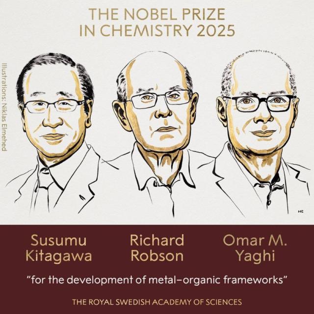 Premio Nobel per la chimica a Susumu Kitagawa, Richard Robson e Omar M. Yaghi per lo sviluppo di strutture metallo-organiche