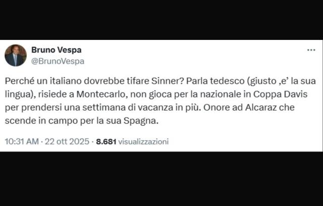 Bruno Vespa contro Sinner dopo il no a Coppa Davis, il giornalista: &ldquo;Perch&eacute; un italiano dovrebbe tifare per lui? Parla tedesco e risiede a Monaco&rdquo;