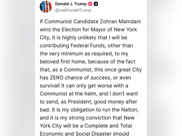 Elezioni New York, Trump attacca Mamdani: &ldquo;Se diventa sindaco quel comunista taglio i fondi alla citt&agrave;&rdquo;, Musk: &ldquo;Votate Cuomo&rdquo;, ma per i sondaggi il 34enne &egrave; in vantaggio di 14,3 punti