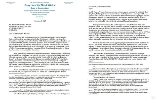 Caso Epstein, dem della Camera chiamano ex Principe Andrea a testimoniare su suoi rapporti "di amicizia" col finanziere - il DOCUMENTO del Congresso