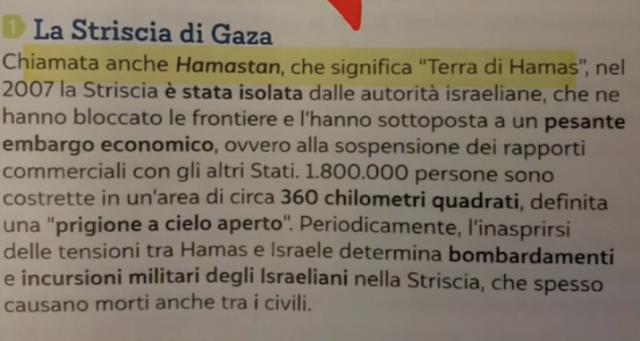 Libro di storia scuola media pro-Israele, Striscia di Gaza chiamata &ldquo;Hamastan&rdquo; cio&egrave; &ldquo;Terra di Hamas&rdquo; e Palestina &ldquo;non accettata come Stato&rdquo;