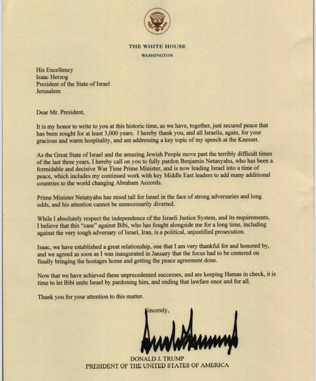 Usa, Trump insiste e scrive a Herzog: &ldquo;Grazia Netanyahu&rdquo;, presidente israeliano frena: &ldquo;Serve procedura formale&rdquo; - la LETTERA