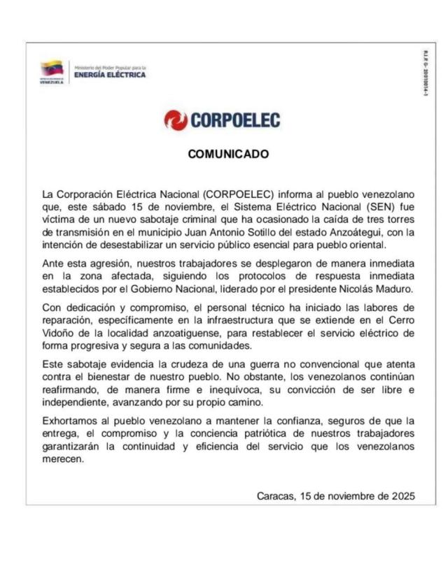 Venezuela, azienda Corpoelec denuncia "sabotaggio" contro 3 torri trasmissione, repubblicano Gimenez: "Attentato fatto per incolpare Usa" - DOCUMENTO