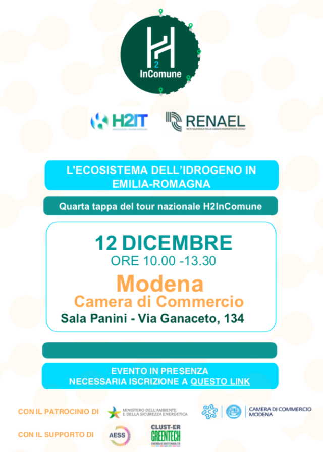 H2IT, RENAEL e Regione Emilia-Romagna portano a Modena la sfida dell&rsquo;idrogeno: quarta tappa di H2InComune per sensibilizzare la Pubblica Amministrazione