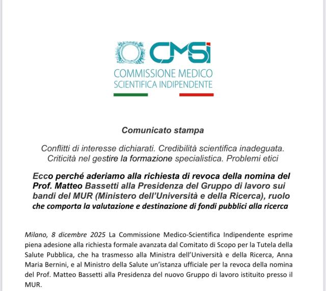 Nomina Bassetti MUR, CMSi: "Subito revoca per conflitti d'interesse dichiarati su vaccino Covid e per credibilit&agrave; scientifica"