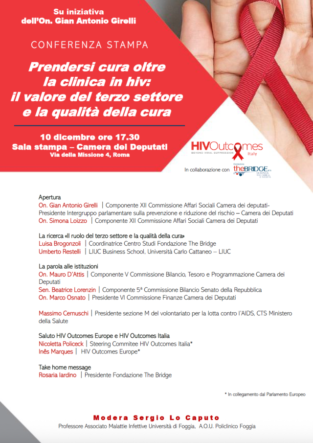 Mercoled&igrave; 10 dicembre, alla Camera, conferenza stampa &ldquo;Prendersi cura oltre la clinica in HIV"