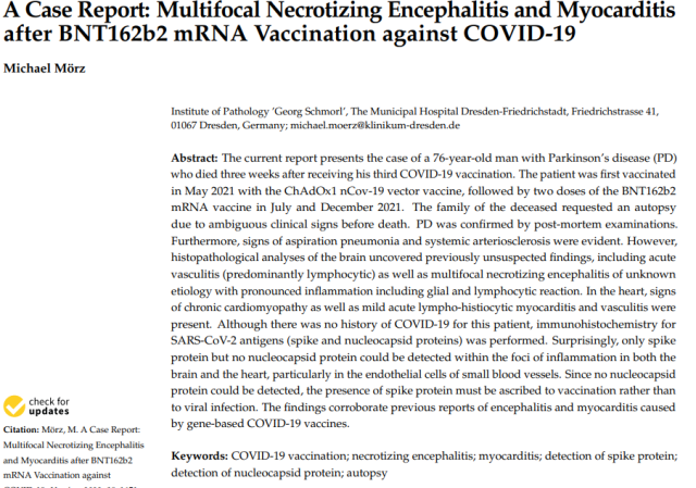 Vaccino Covid, "encefalite necrotizzante multifocale e miocardite dopo inoculazione con siero a mRNA" - caso di STUDIO dell'ospedale di Dresda