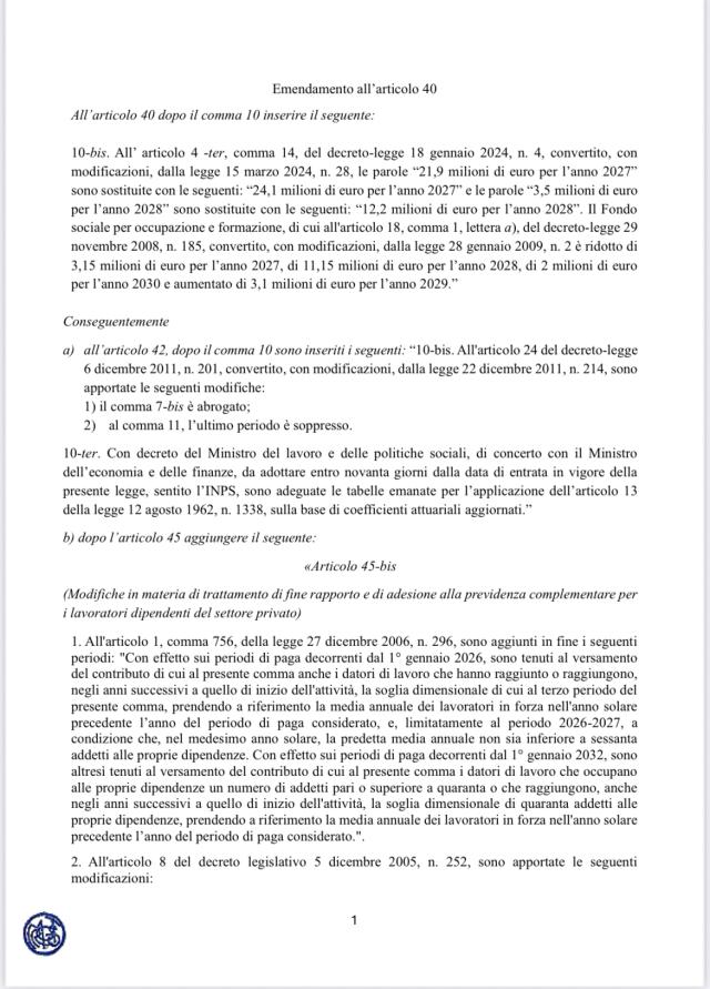 Manovra 2026, maxi emendamento: pensioni, aiuti alle imprese, Tfr, crediti d'imposta e Zes, le novit&agrave; principali - IL TESTO COMPLETO - PDF
