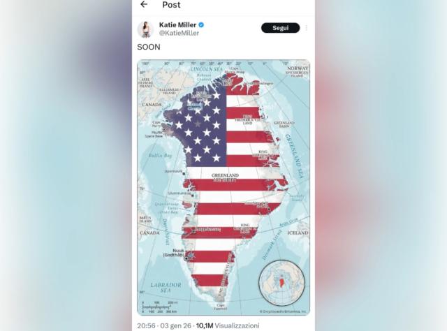 Groenlandia, moglie del consigliere della sicurezza nazionale di Trump Katie Miller posta foto dell'isola con la bandiera Usa: "Presto"