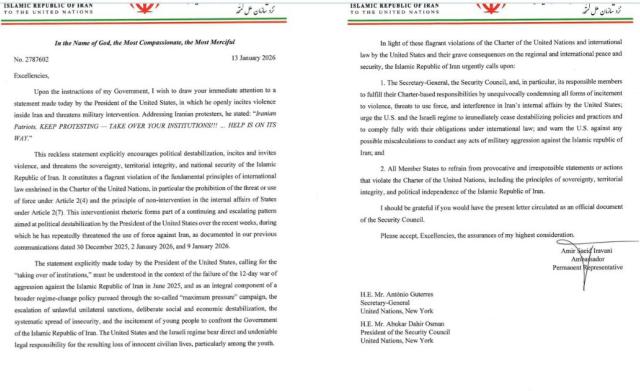 Iran, lettera di Teheran all&rsquo;Onu: &ldquo;Usa e regime Israeliano responsabili di morti civili, modus operandi americano per escalation militare&rdquo;