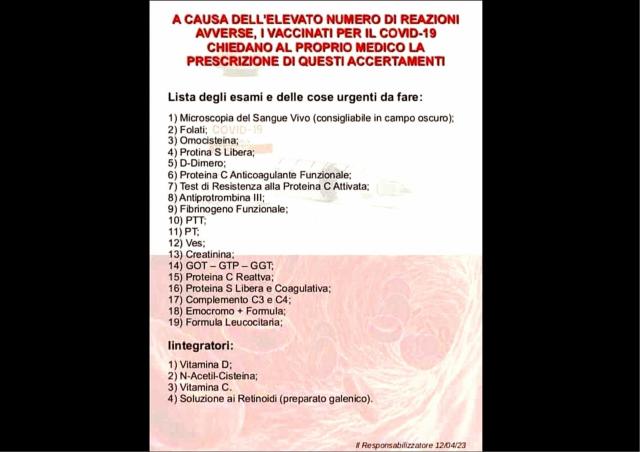 Vaccino Covid, avviso per soggetti inoculati: &ldquo;Chiedete al medico 19 esami di accertamento per elevato numero di effetti avversi&rdquo;