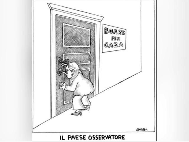 Board of Peace per Gaza, vignetta di Giannelli sull'Italia "Paese osservatore": Meloni guarda dal buco della serratura di una porta